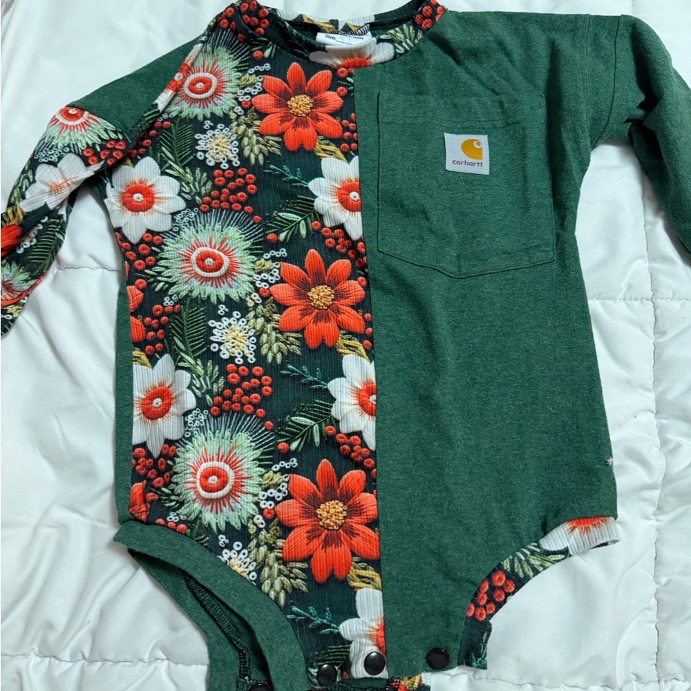 Carhartt Green and Red Floral Baby Onesie